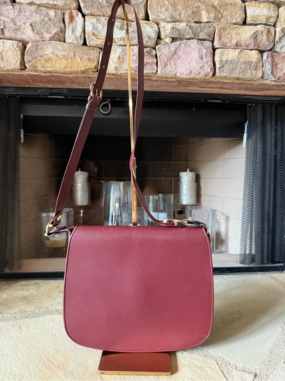 Cartier Burgundy Leather Crossbody Bag with Gold Hardware